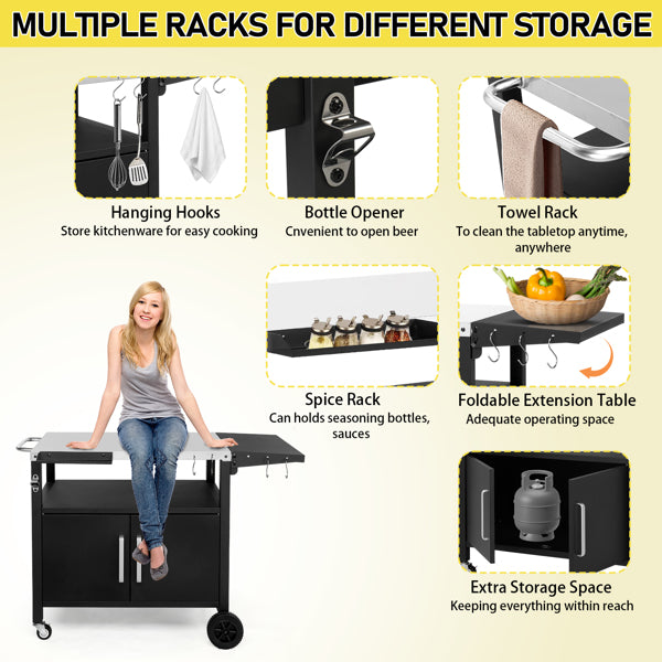 Outdoor Grill Cart with Storage and Wheels - Movable Kitchen Island for BBQ and Patio Dining