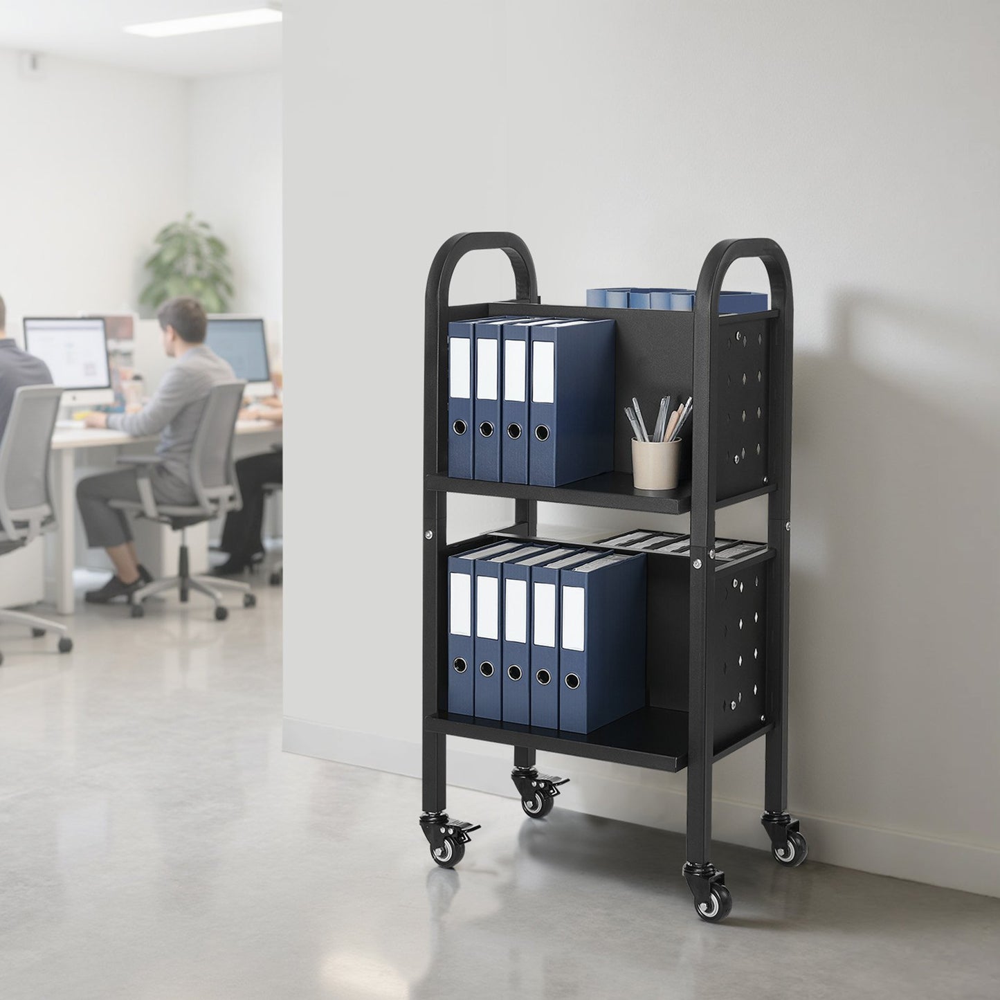 2-Tier Rolling Book Cart with Locking Casters - Black, Heavy-Duty Steel