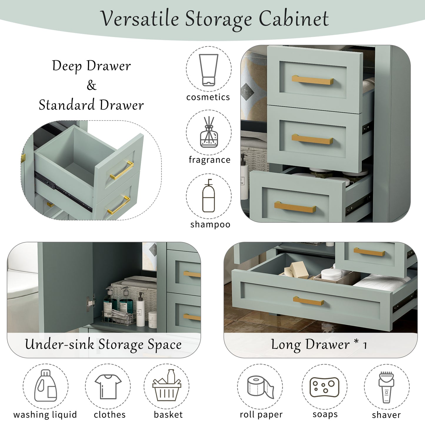 30-Inch Modern Bathroom Vanity Set with Sink & 3 Drawers - Sage Green