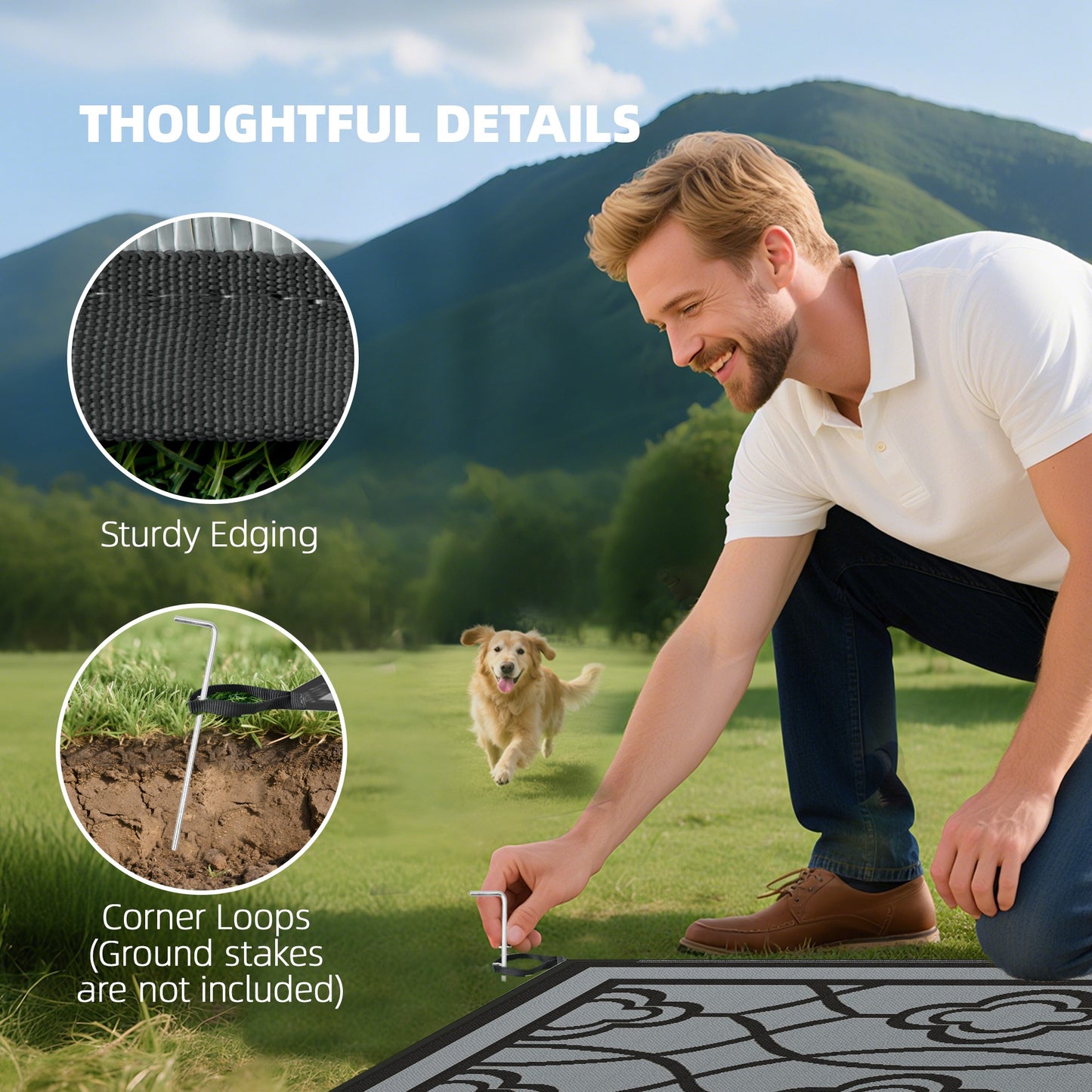 Reversible Outdoor Rug - Waterproof Plastic Straw, 9' x 18', Black & Gray Lantern