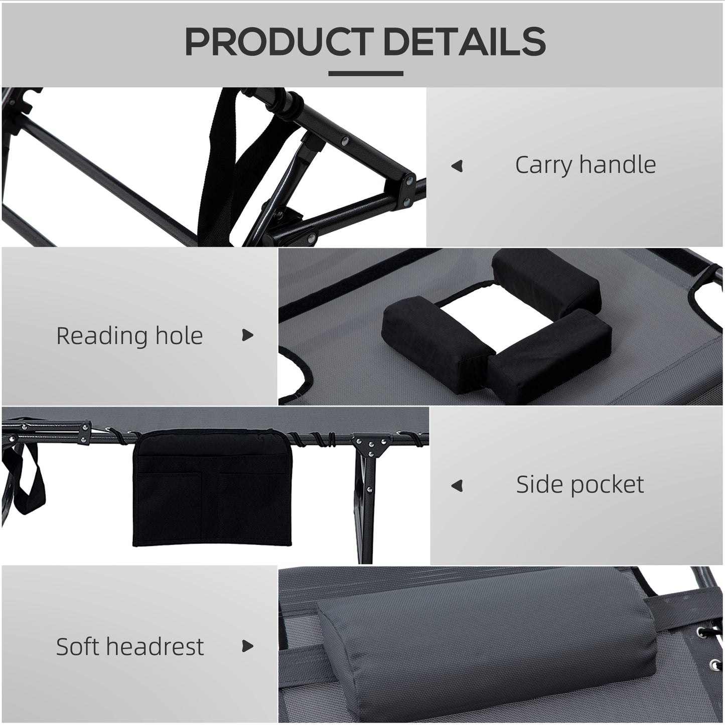 Folding Chaise Lounge Pool Chairs - 2-Piece Set with 5-Level Recline, Side Pocket, Gray