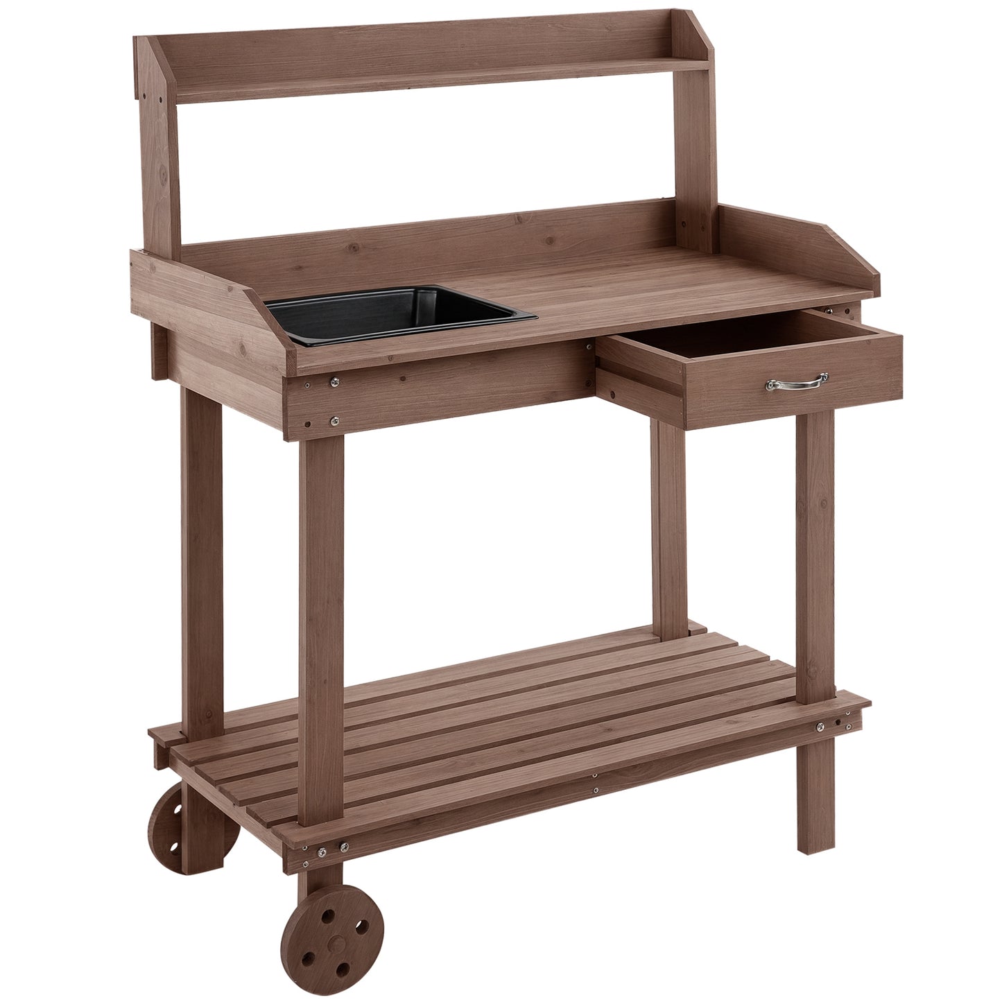 Wooden Potting Bench Work Table with Sink, Drawer, Wheels, Large Storage - Brown