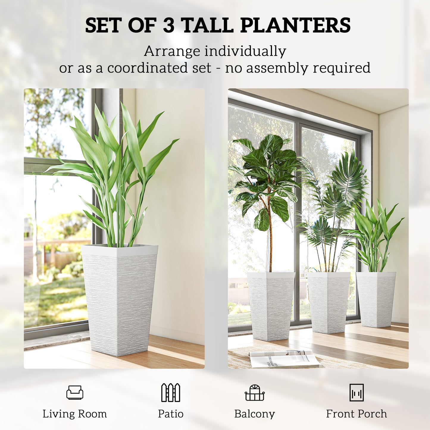 Set of 3 Outdoor Planting Pots with Wheels and Stone Finish - White, 22.8 Inch Tall