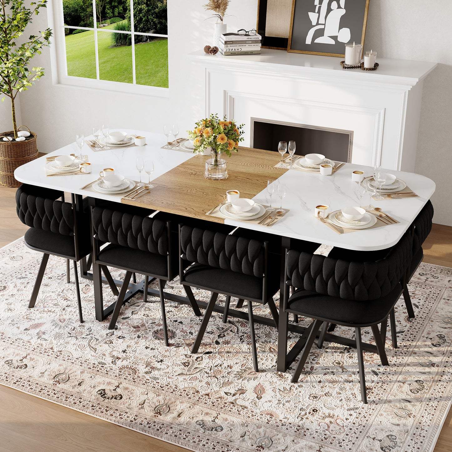 9-Piece Square Dining Table Set, Fixed White Faux Marble & Wood Grain