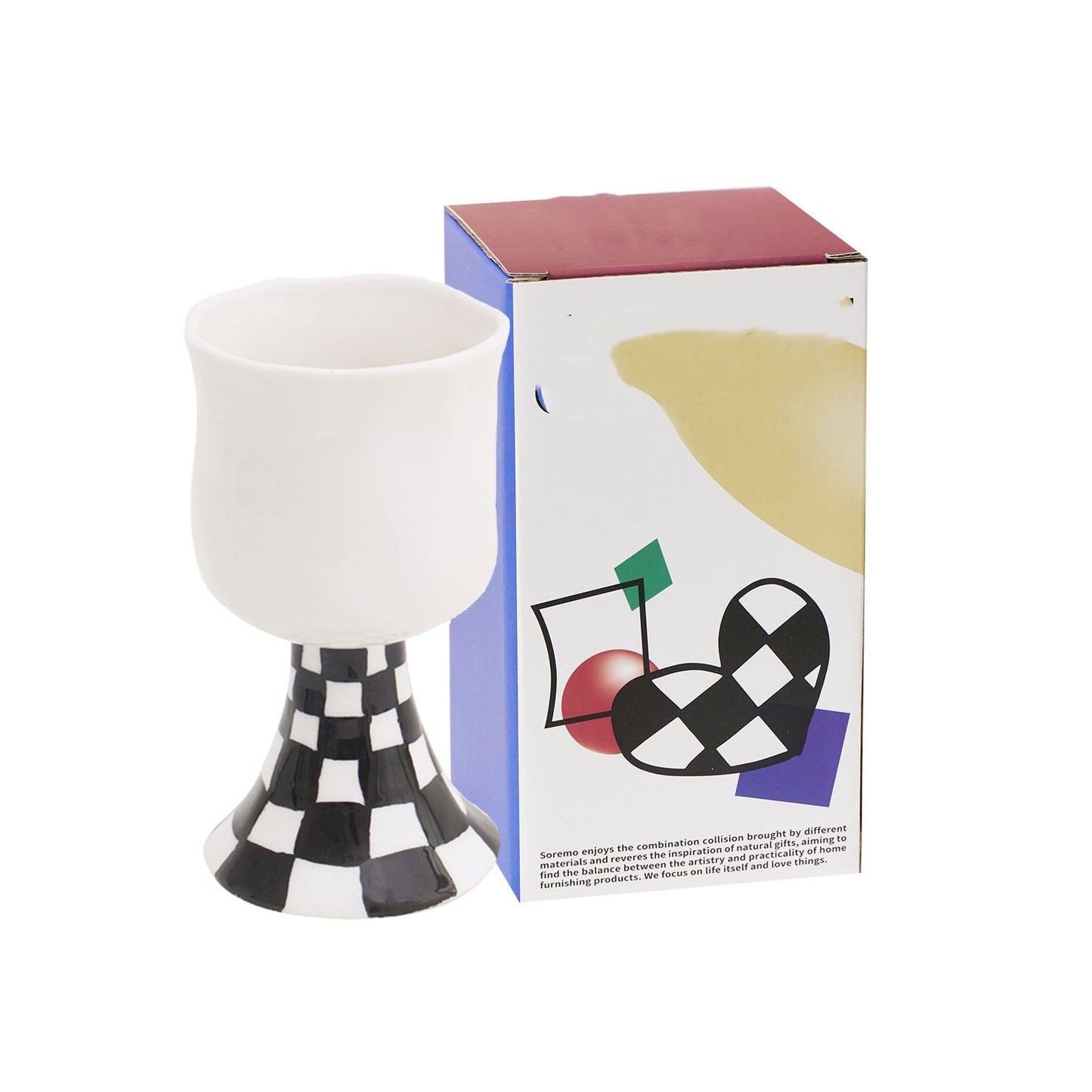Tall Checkerboard Grid Ceramic Wine Glass with Handle - 301-400mL