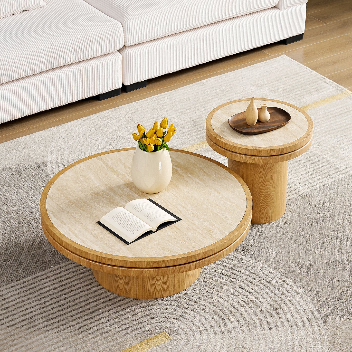 Round Coffee Table Set - 19.49" & 35.43" MDF with Sintered Stone Top - Natural
