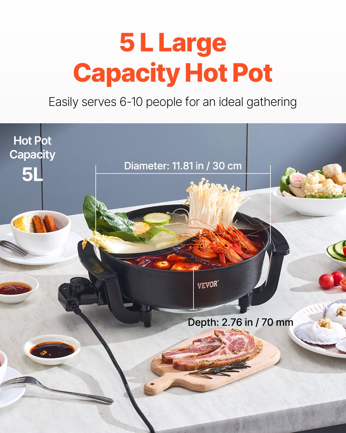 Electric Hot Pot 5L Non-Stick Divider for Family Cooking - Black