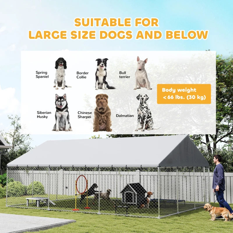 Heavy Duty Outdoor Dog Kennel with Waterproof Roof & Secure Latches - 20x15x8 ft, Silver