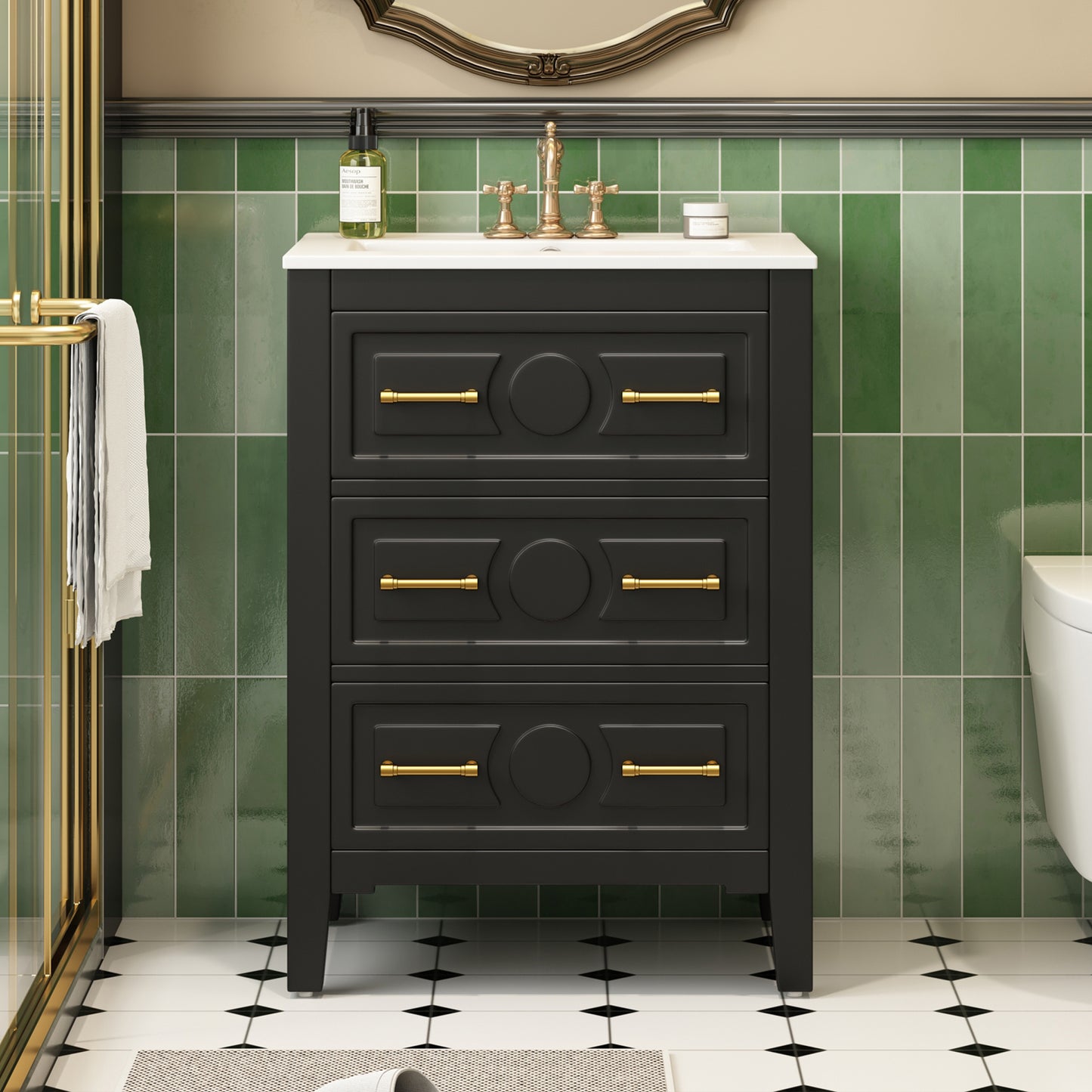 24'' Bathroom Vanity with Ceramic Sink - Black, 3 Drawers