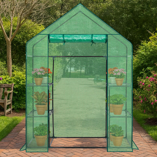 Walk-In Greenhouse with PE Cover & 4 Shelves - Indoor Outdoor Plant Garden