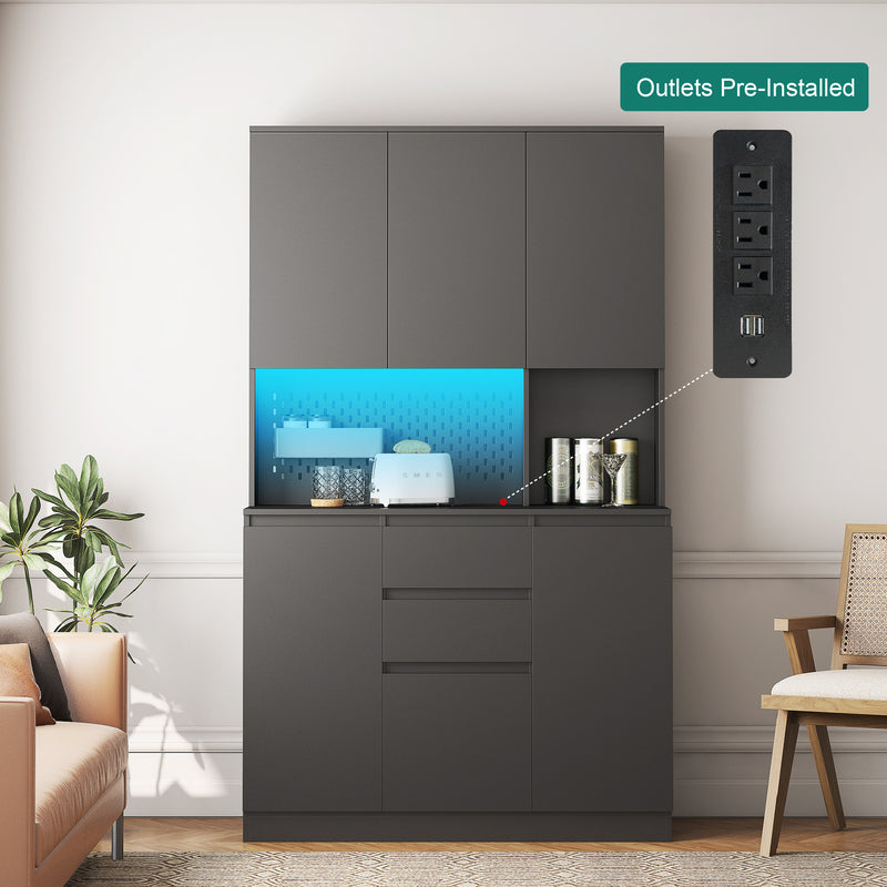 74-Inch White Pantry Cabinet with Power Outlet & Storage Shelf