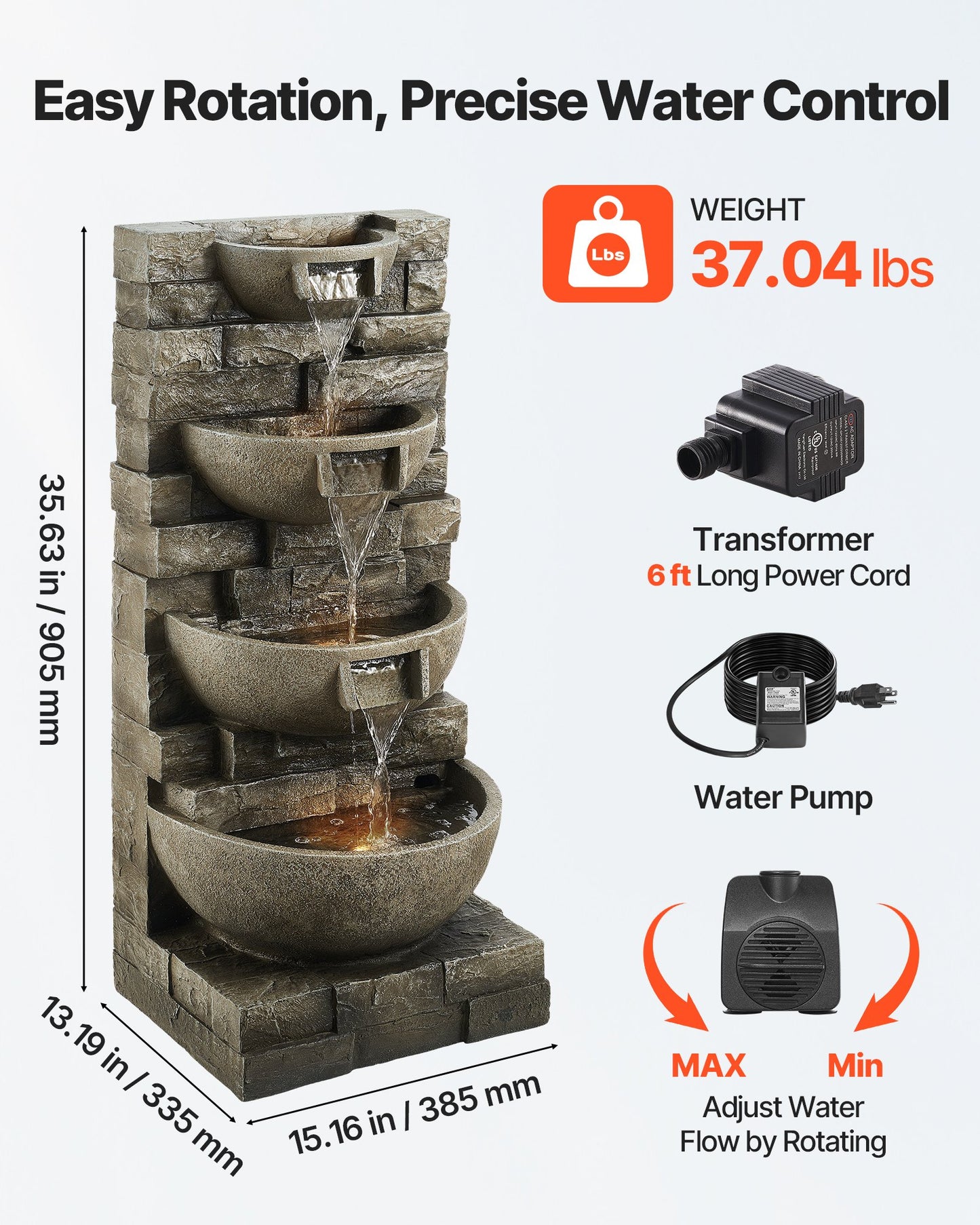 Outdoor 4-Tier Water Fountain Garden Decor - 35.6 Inch Stack Style, Grey