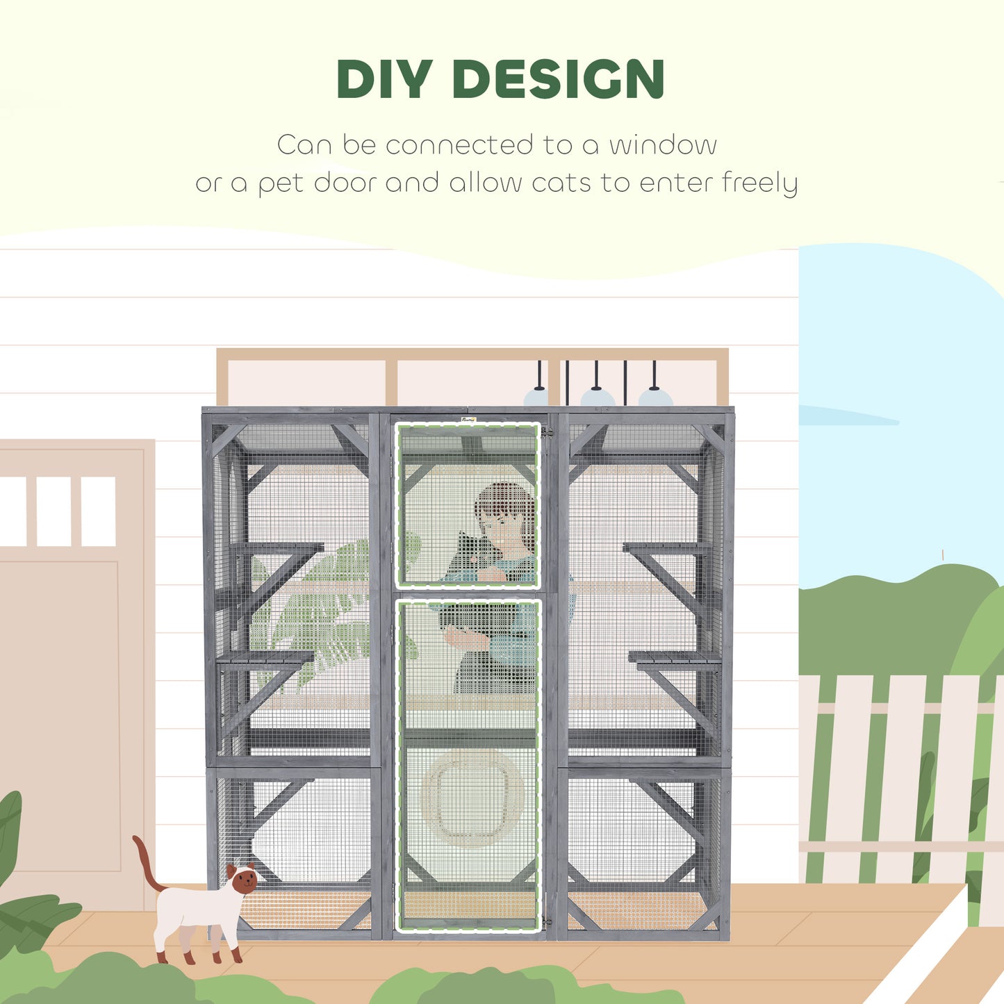 Large Wooden Cat Catio with 6 Jumping Platforms, Weatherproof Roof, Gray