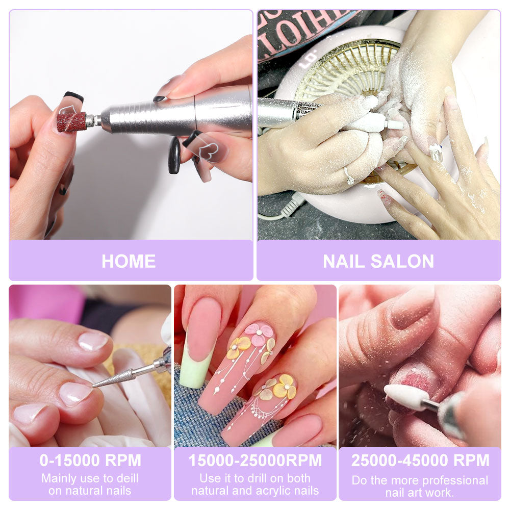 Professional Electric Nail Drill, 45000RPM Rechargeable Portable Nail File Kit