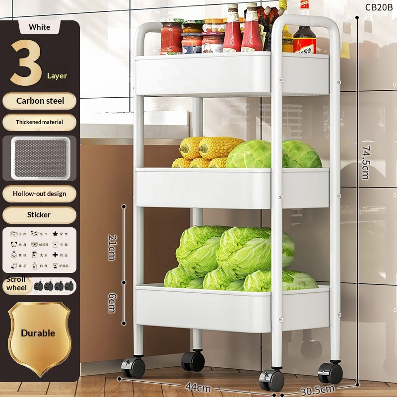 White 3-Tier Movable Kitchen Storage Rack with Hooks - Multi-Layer Steel Cart