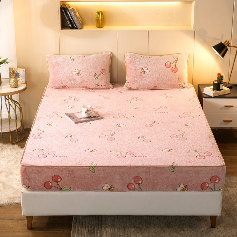 Thickened Snow Fleece Bed Sheet Set Digital Print Warm Bedding