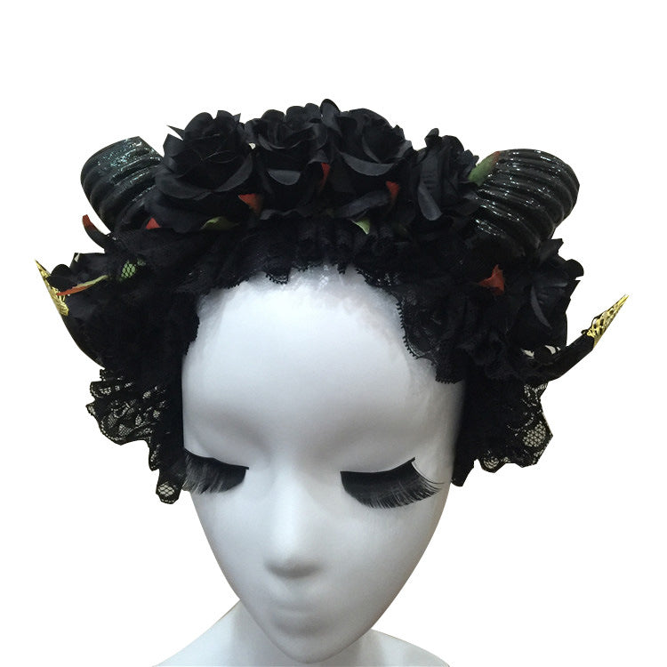 Halloween Vampire Headband with Roses and Horn Veil - Festive Hair Accessory