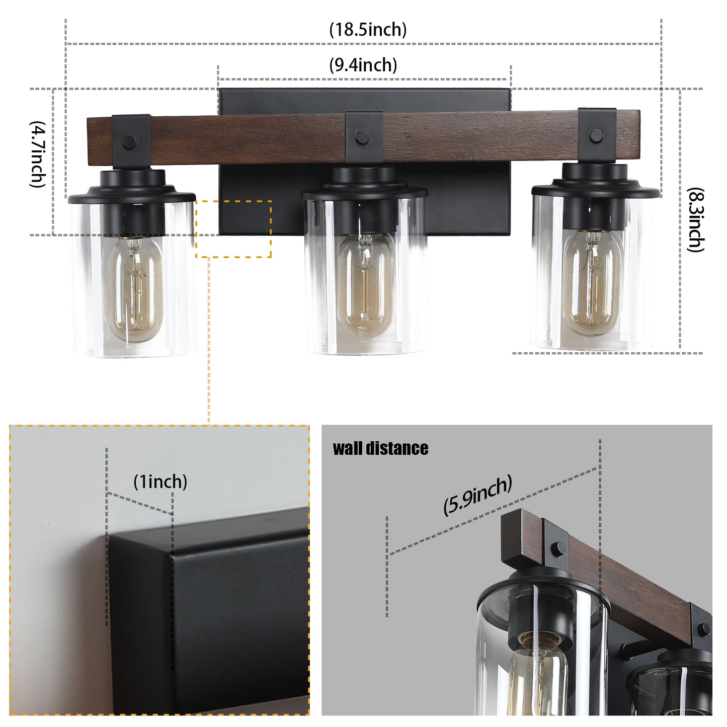 Rustic 3-Light Vanity Light Fixture with Glass Shades and Wood Accent