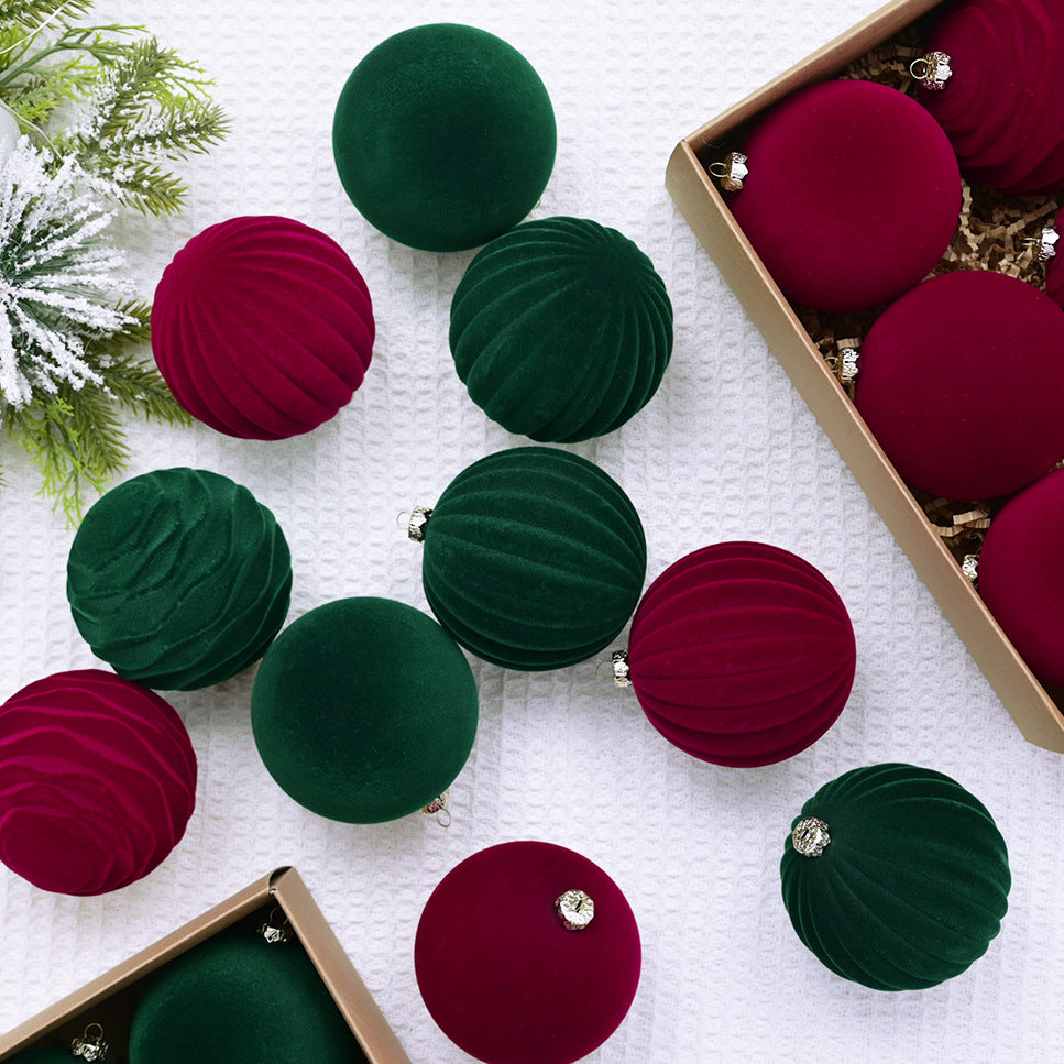 Christmas Flocking Ball Decorations Set - Red, Green, Blue, 8-12cm