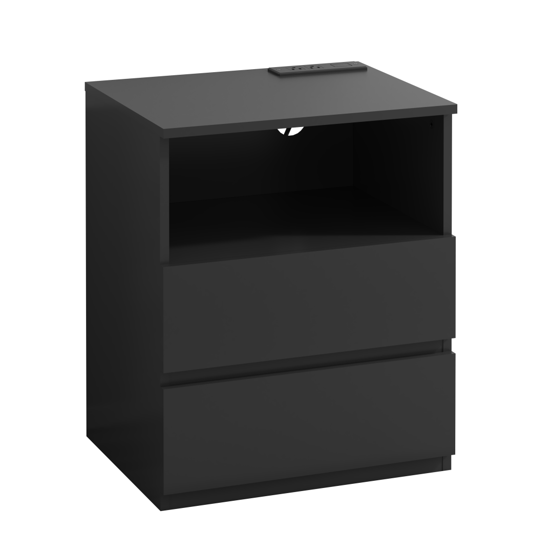 Set of 2 Modern End Tables with USB Charging Station & Drawers - Black
