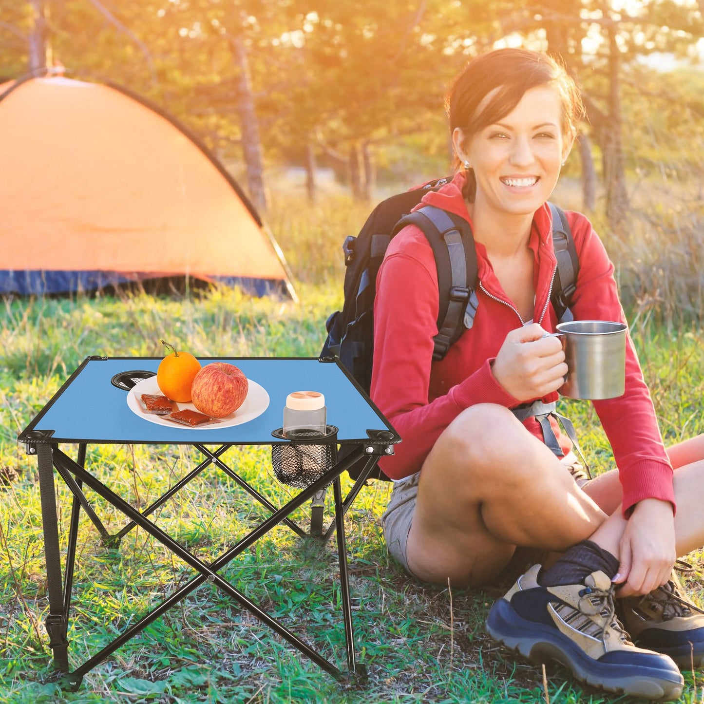 Portable Folding Camping Table with Cup Holders - Multiple Colors & Sets