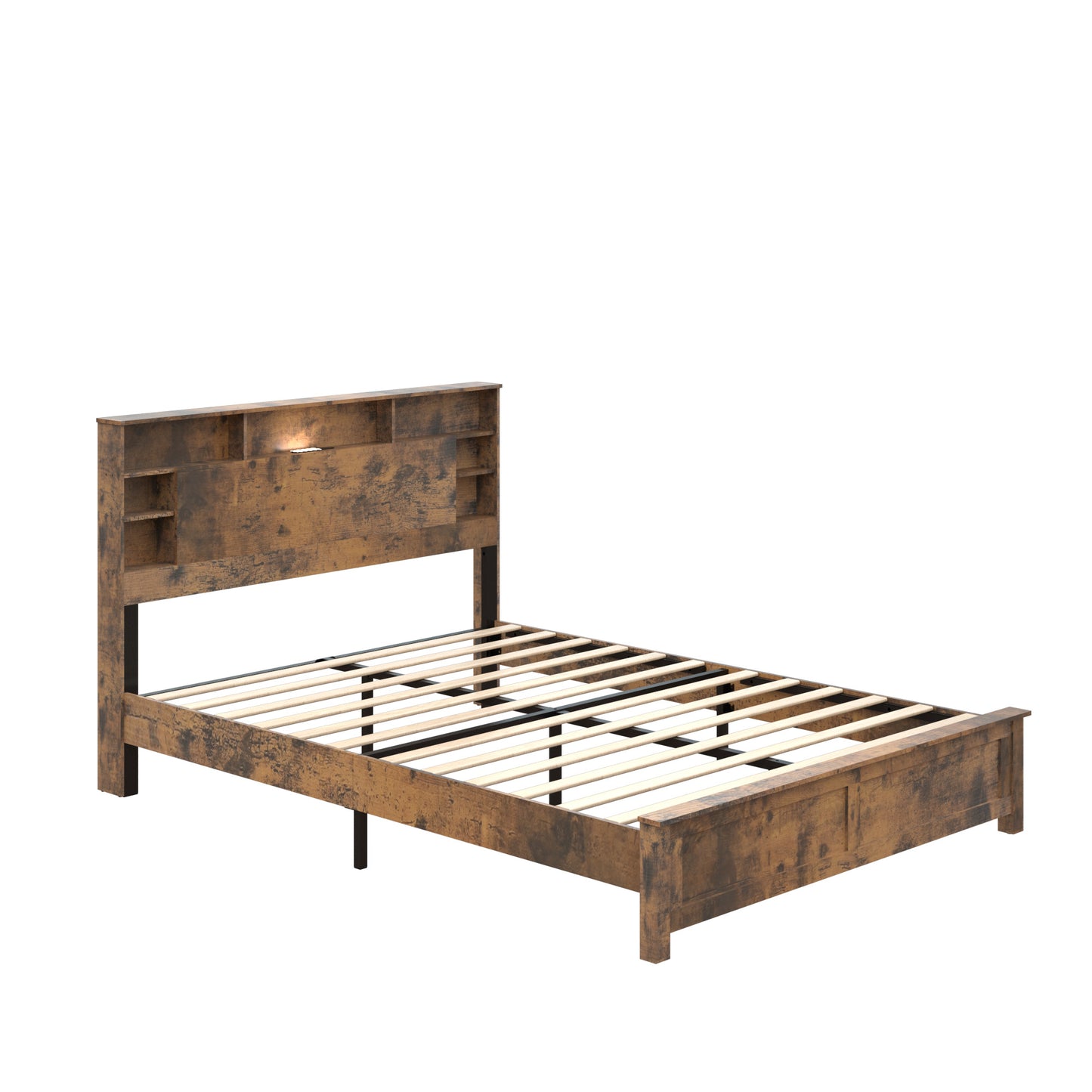 King Platform Bed Frame with Bookcase Headboard & LED Lighting