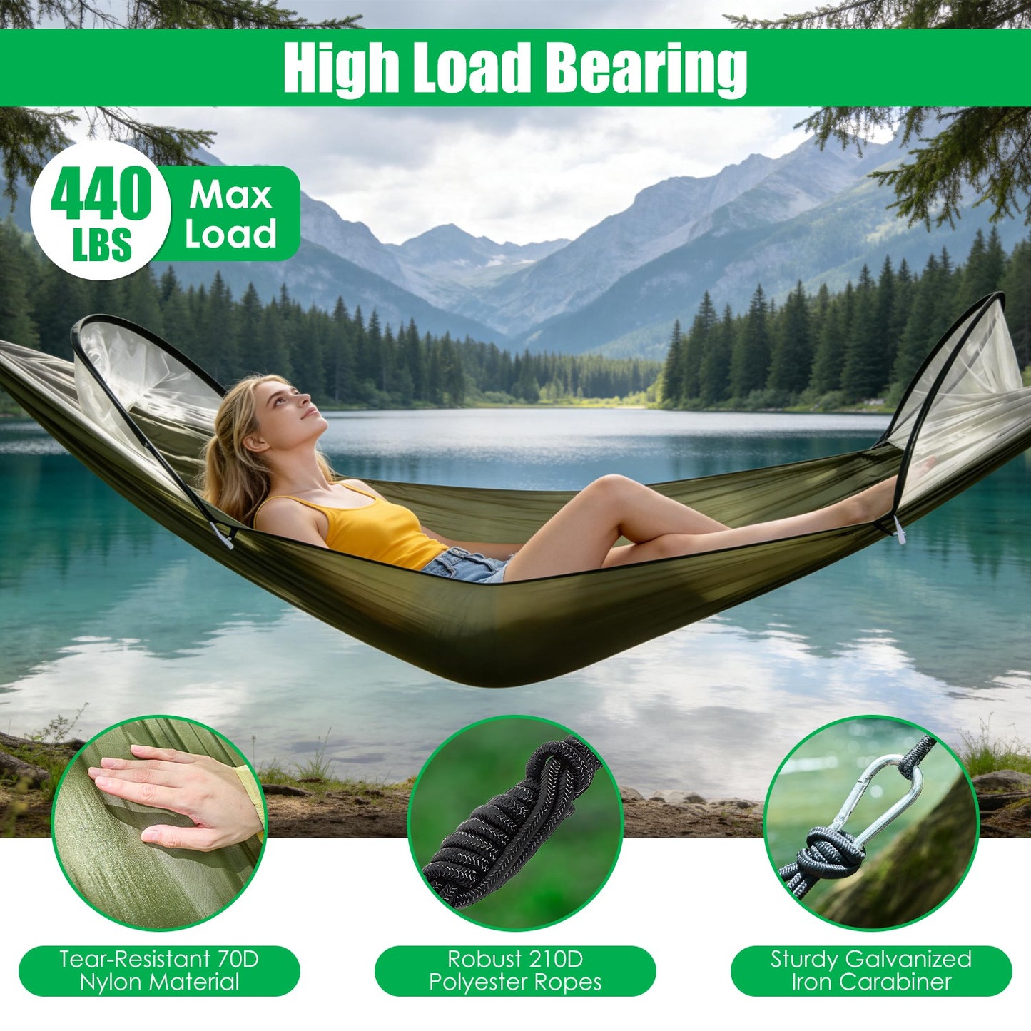 Portable Camping Hammock with Mosquito Net - 440lbs Capacity