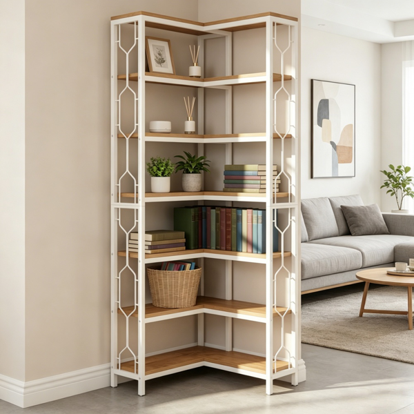 7-Tier Corner Shelf - Space-Saving Hexagonal Bookcase