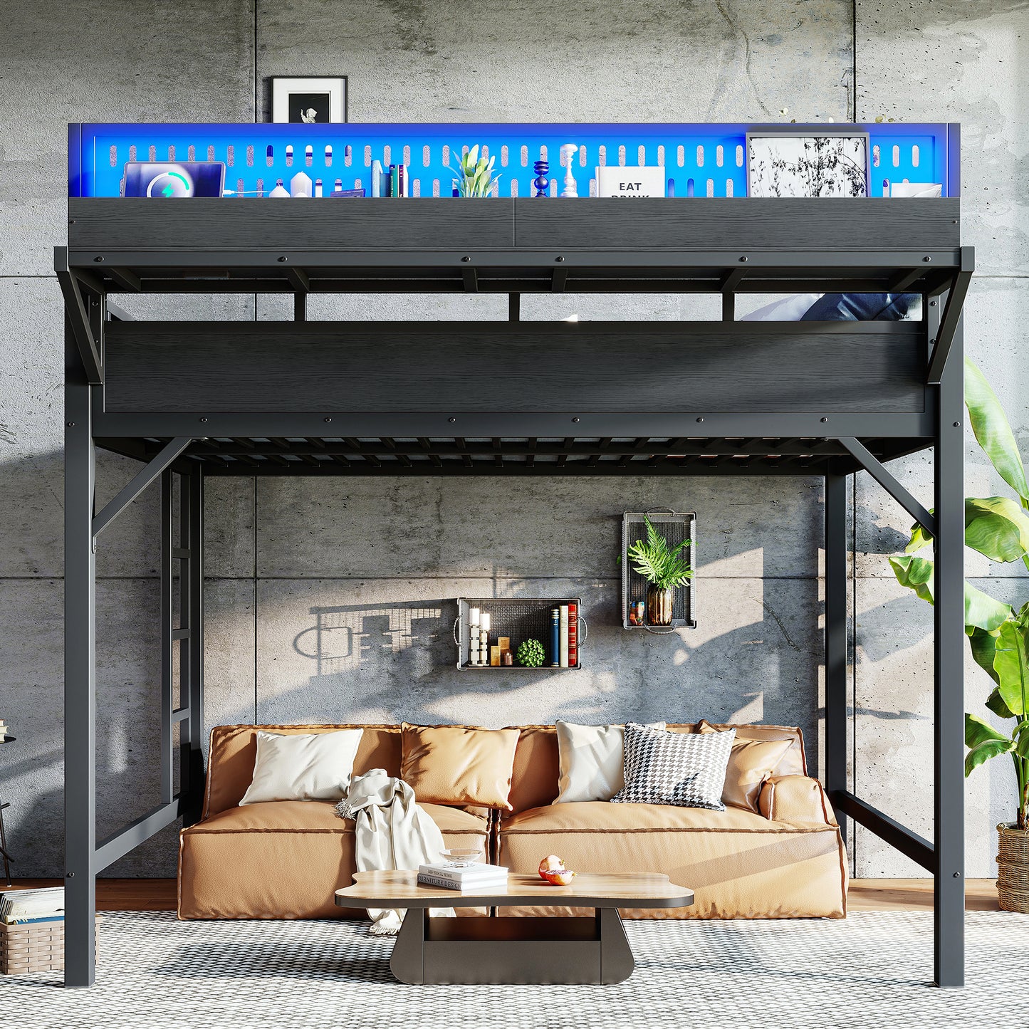 Queen Size Metal Loft Bed Frame with USB Ports & LED Lights