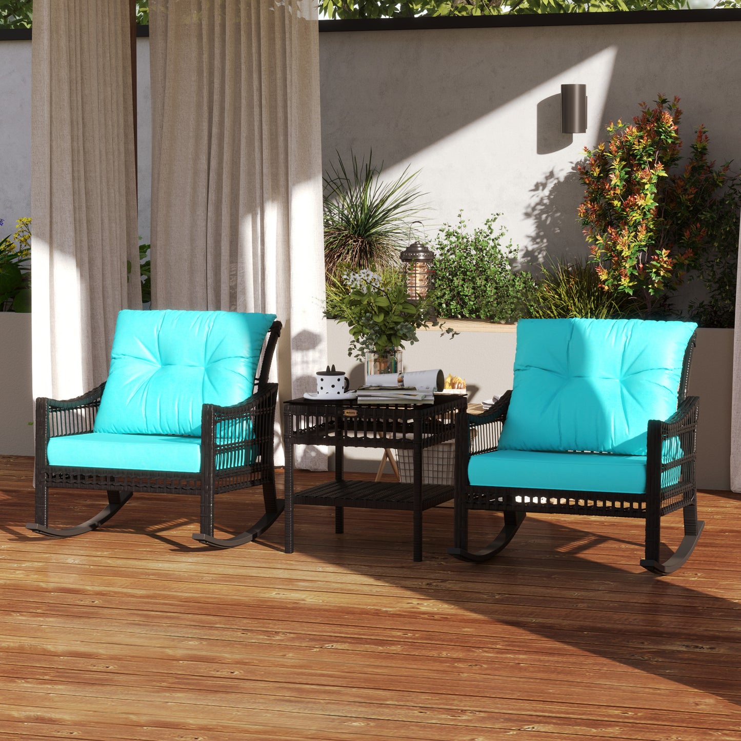 3-Piece Outdoor Rattan Rocking Chair Set with Glass Table - Turquoise