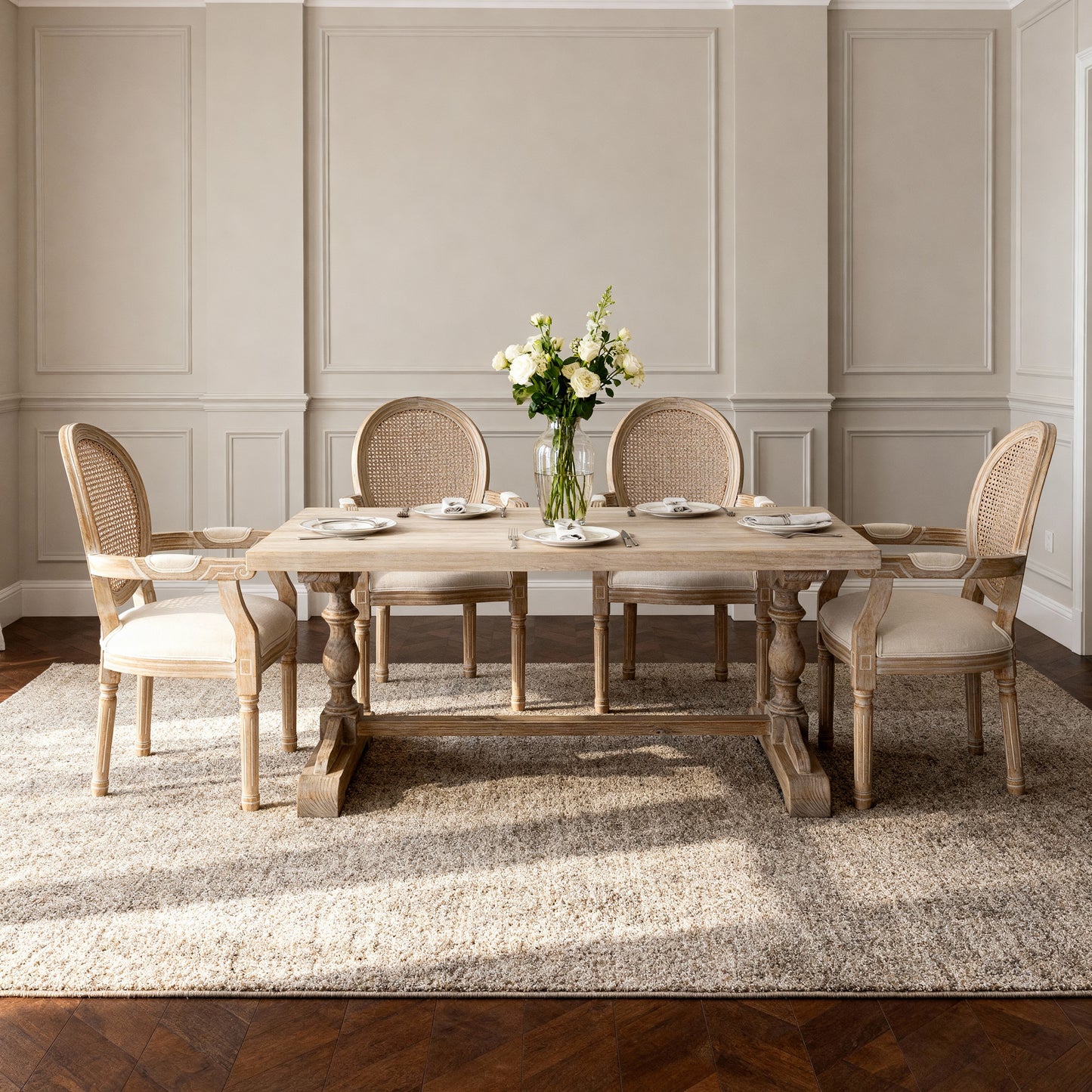 French Country Dining Armchair Set of 2 - Beige Upholstered Chairs