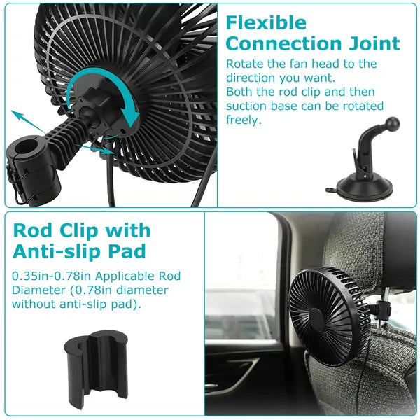 Portable USB Car Cooling Fan with 3 Speeds - Black