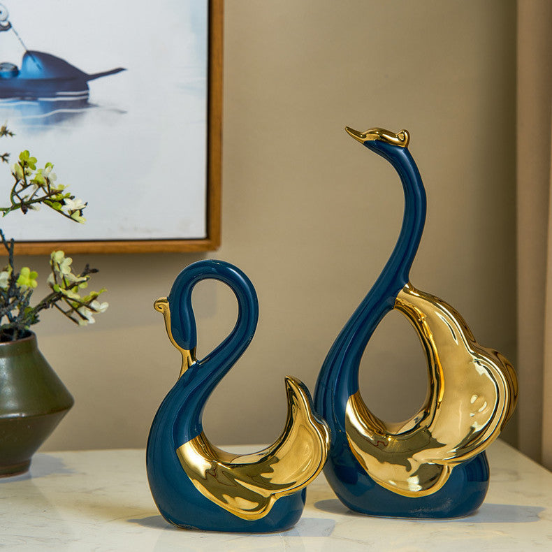 Ceramic Swan Decorations for Home & Office - Blue & Green Ornaments