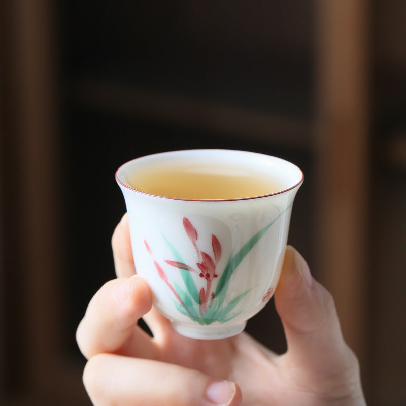 Hand Painted Ceramic Orchid Tea Cup - Chinese Style White Porcelain Drinkware