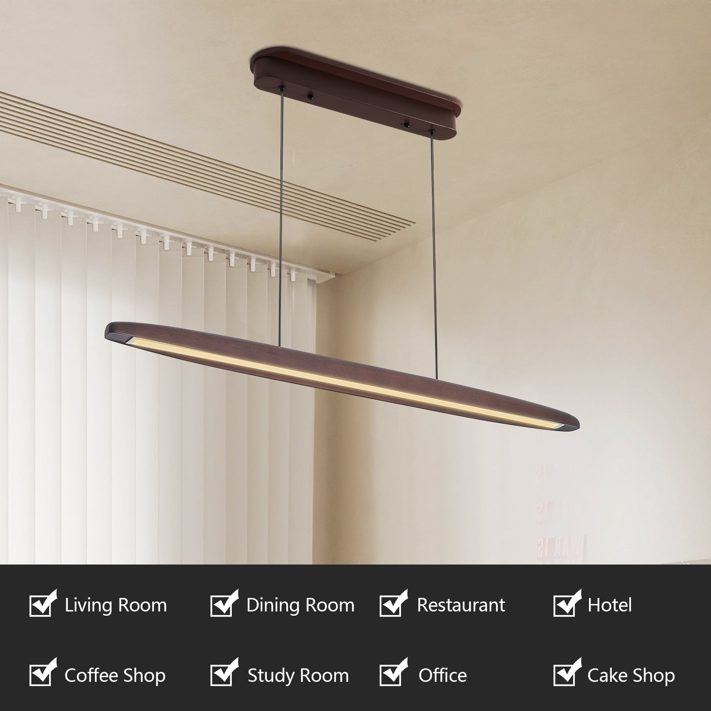 39 Inch Wooden LED Pendant Light with Remote Control - Walnut Finish