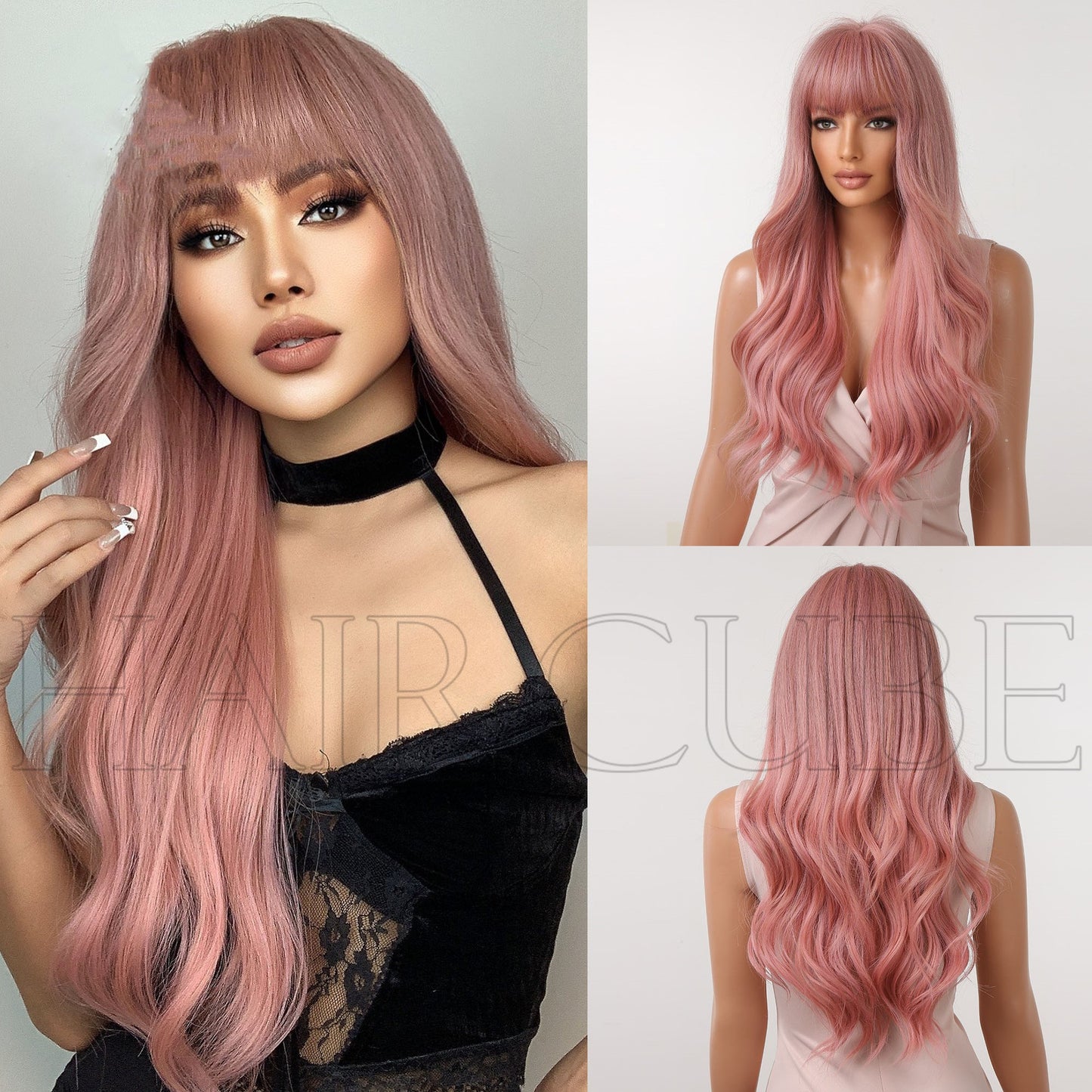 Pink Long Curly Wig for Women - 24 Inch Synthetic Hair Extension