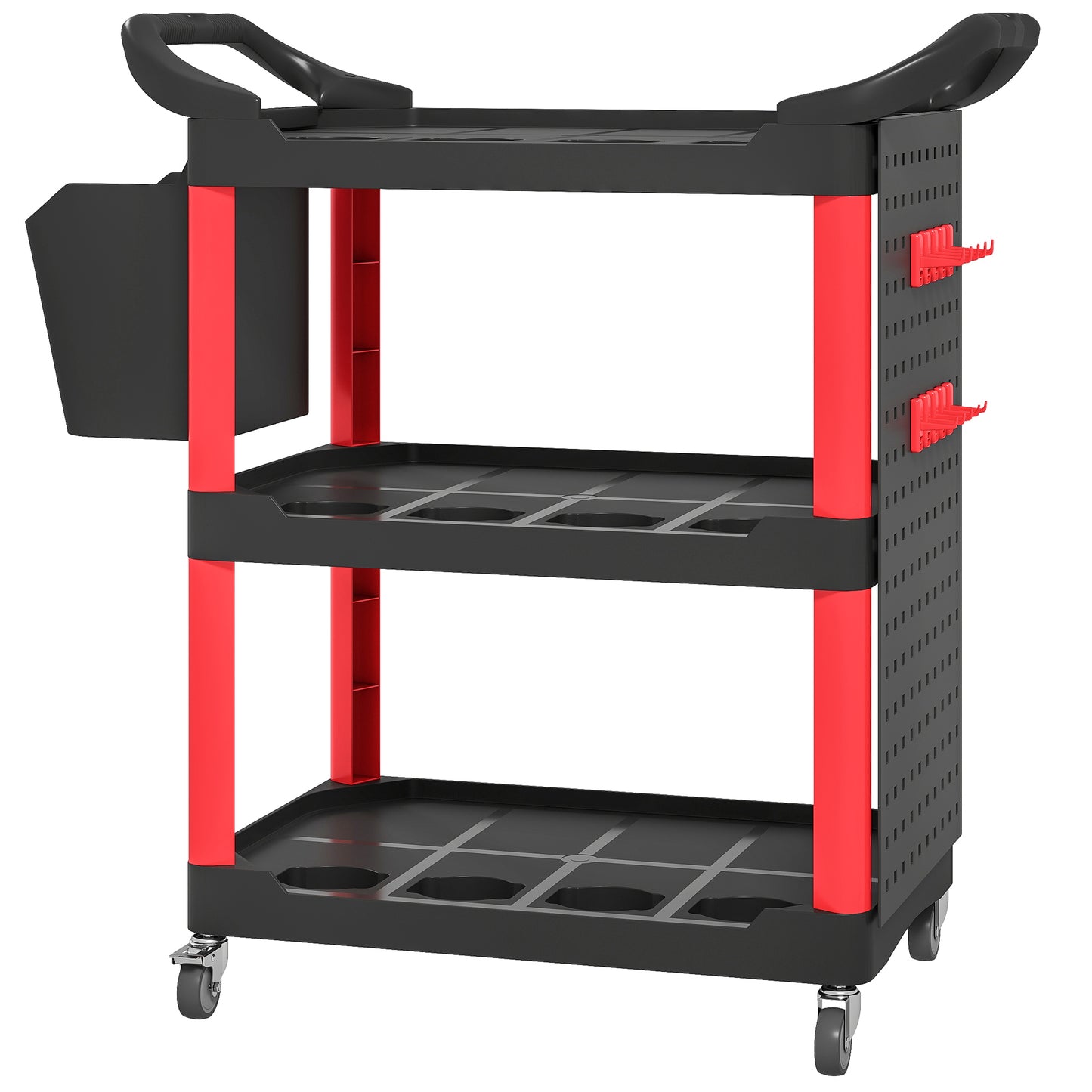 3-Tier Rolling Utility Cart with Side Shelf and Storage Bucket, 200 lbs Capacity, Black & Red