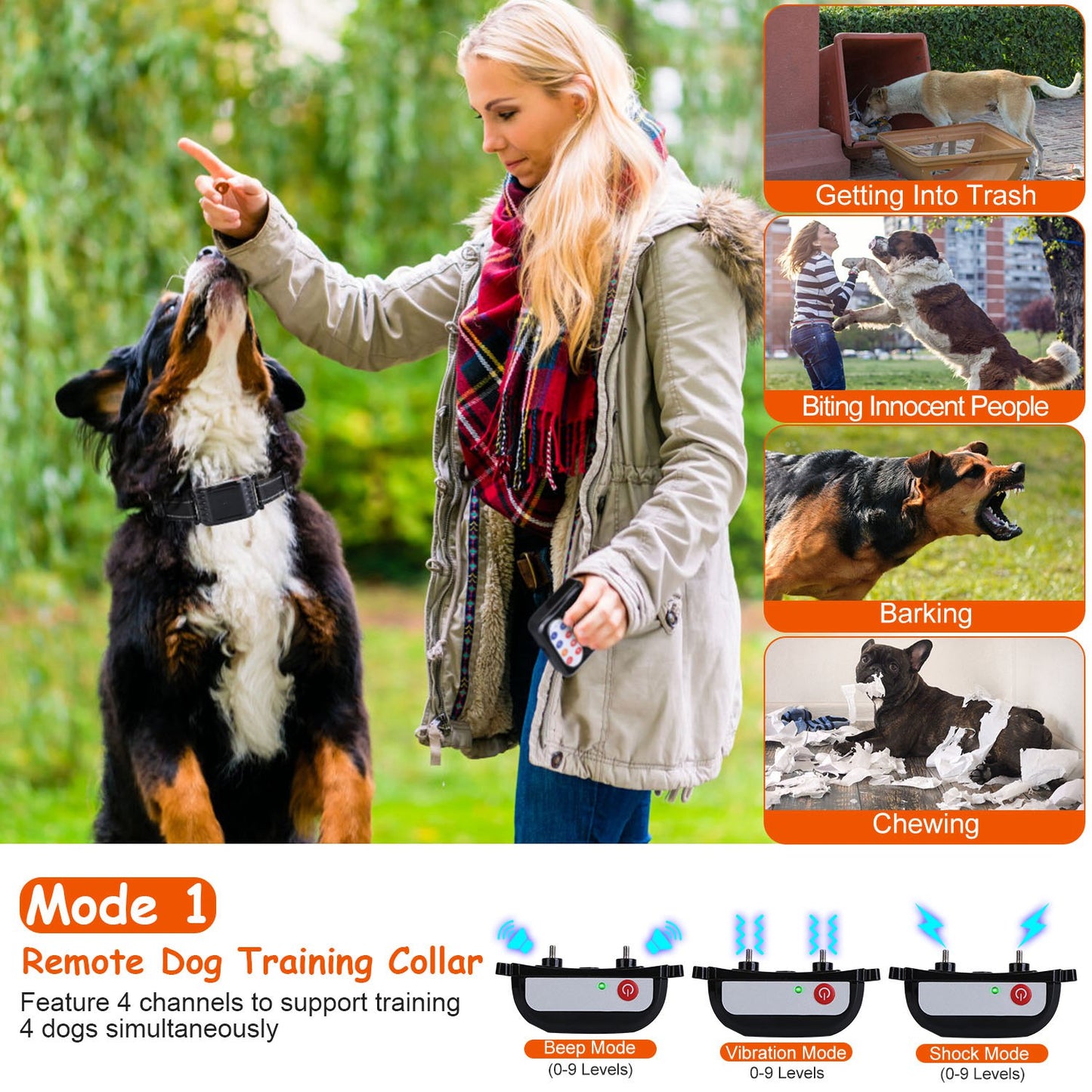 Wireless Dog Training Collar with 0-9 Levels, Beep Vibration Shock, Waterproof, 990Ft Range