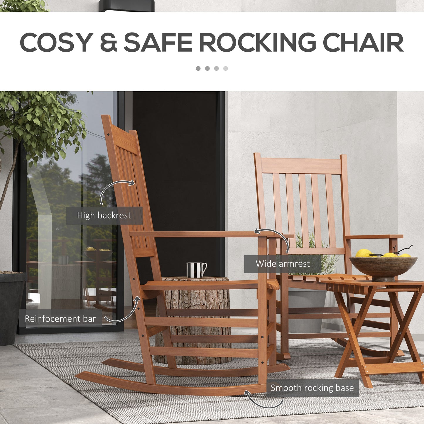 Wooden Rocking Chair Set with Side Table - Teak Finish