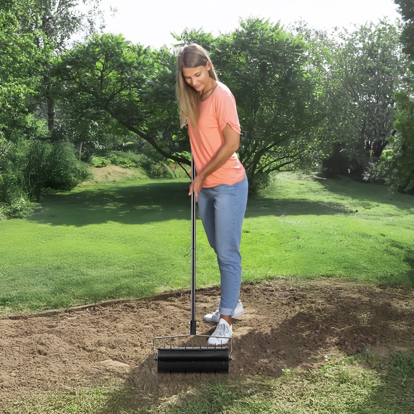 Heavy-Duty Manual Lawn Aerator with 27 Iron Spikes - 18-Inch Garden Tool