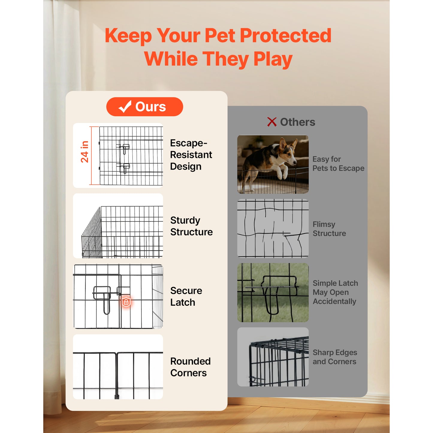 Heavy Duty Dog Playpen 24 Inch with Top Cover & Bottom Pad - Indoor Pet Fence, Foldable Metal Exercise Pen for Dogs, Cats & Small Animals, Black