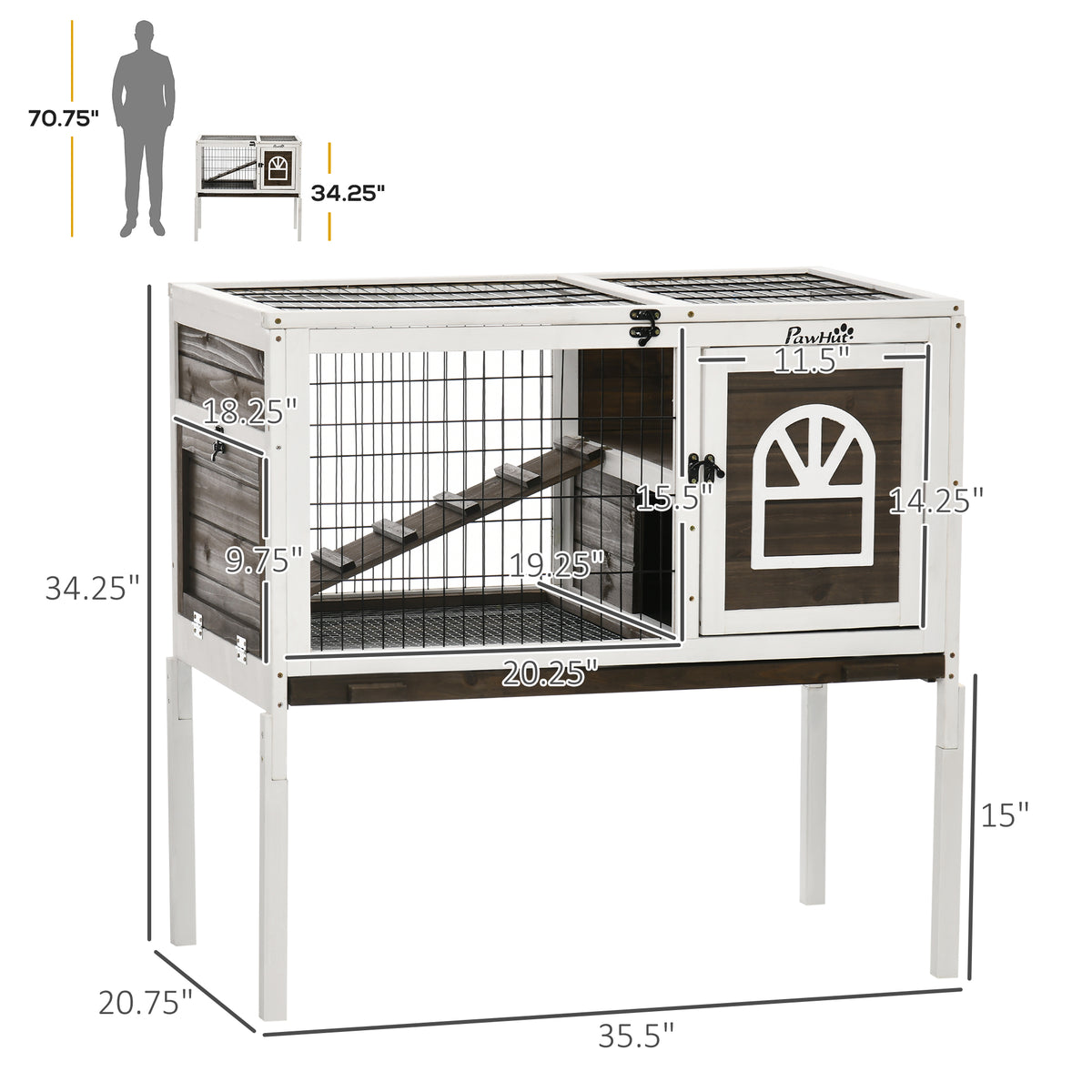 Wood Rabbit Hutch with Run - Elevated Pet Cage in Coffee Finish