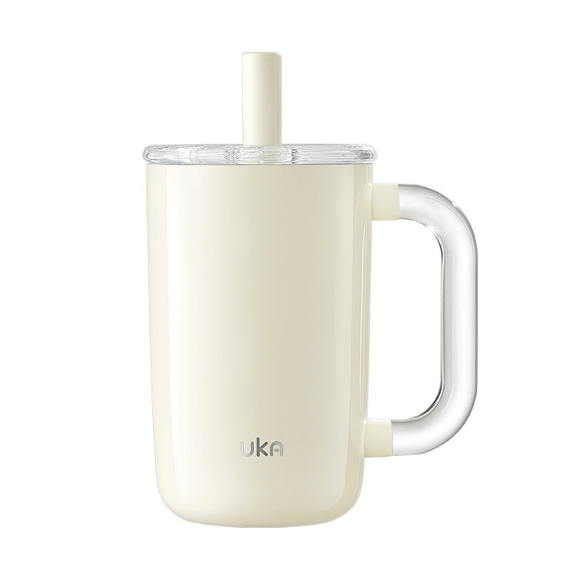 Insulated Ceramic Drink Mug with Straw & Handle, Large Capacity 700ml