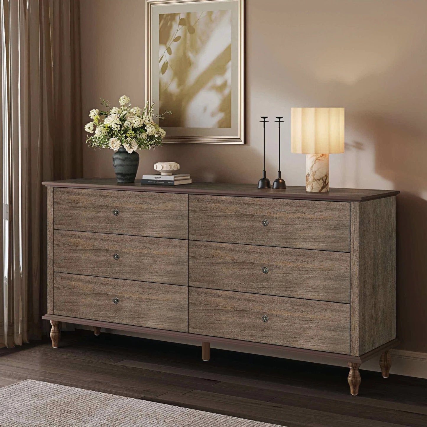 6-Drawer Double Wide Wood Dresser - Deep Rustic Brown