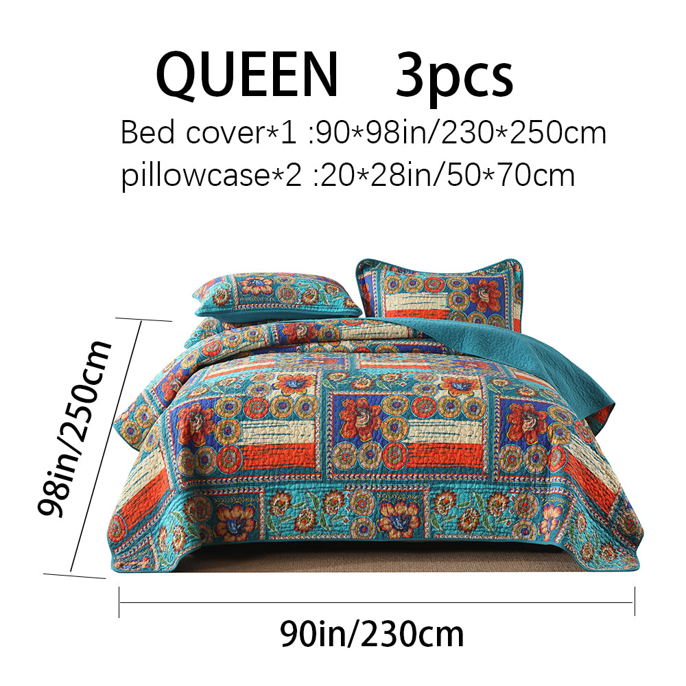 Full Queen & King Reversible Cotton Bedspread Set with Bohemian Patchwork Design