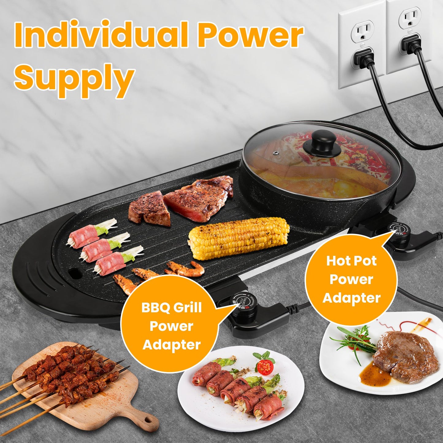 2200W 2-in-1 Electric Hot Pot & BBQ Grill Cooker - Smokeless
