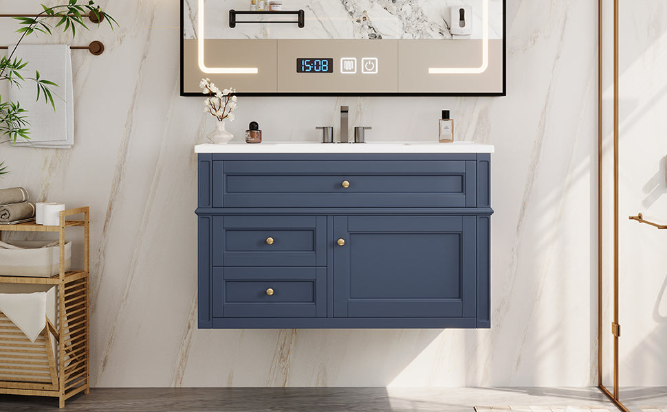 36-Inch Wall Mounted Bathroom Vanity with Ceramic Sink - Blue