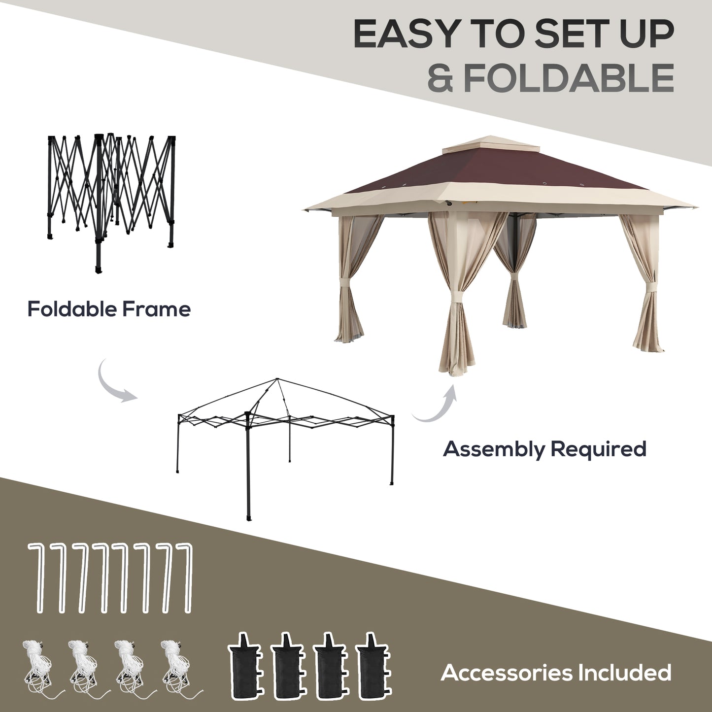 13x13 Pop-Up Gazebo Canopy Tent with Mesh Walls & Carry Bag - Brown