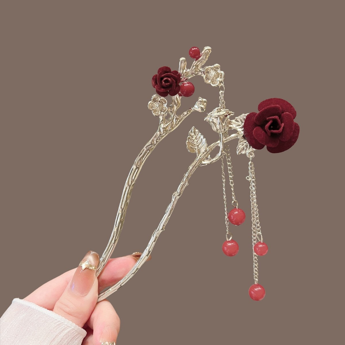 Vintage Floral Hair Stick with Red Flowers and Gold Leaves - Women’s Hair Accessory