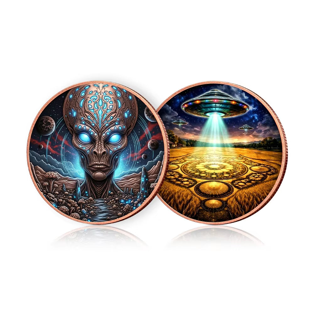 Sci-Fi Gray Alien Challenge Coin - Blue Metal Collectible Medallion